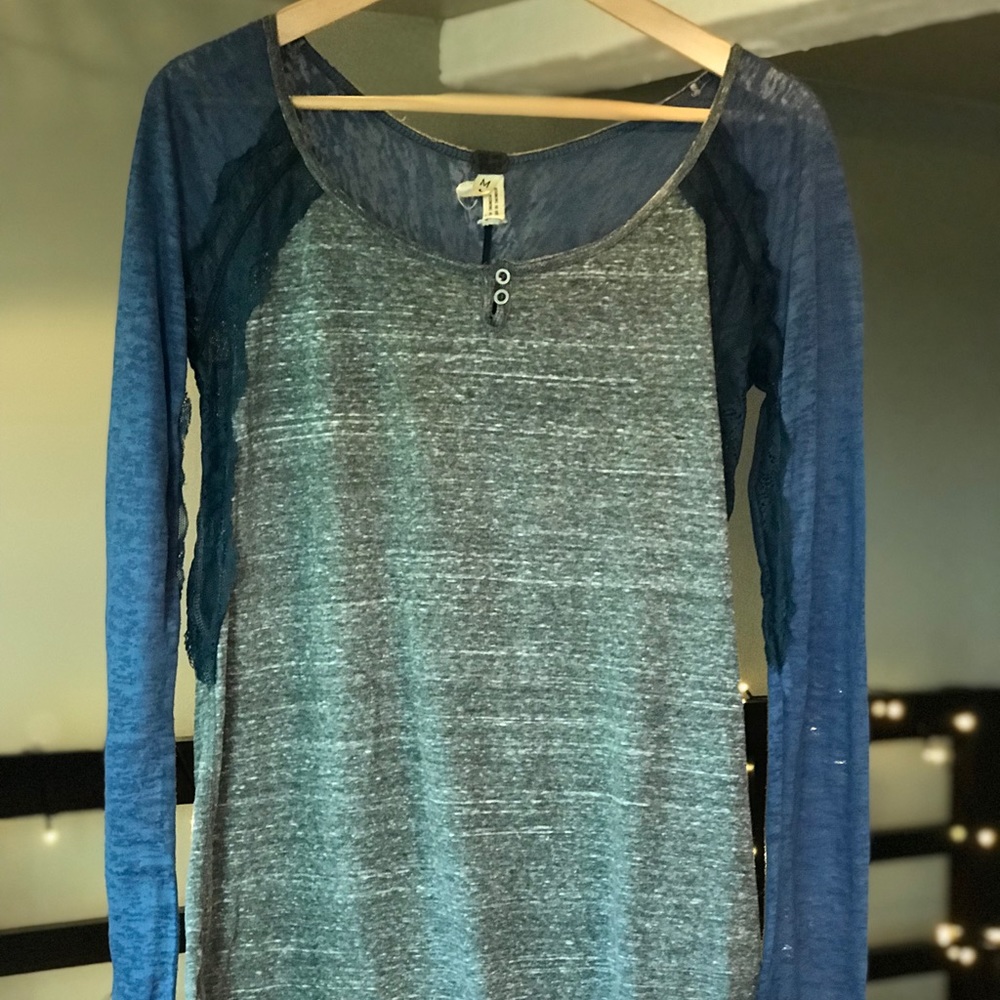 Blue & Gray Lace Soft Long Sleeve Wide Neckline